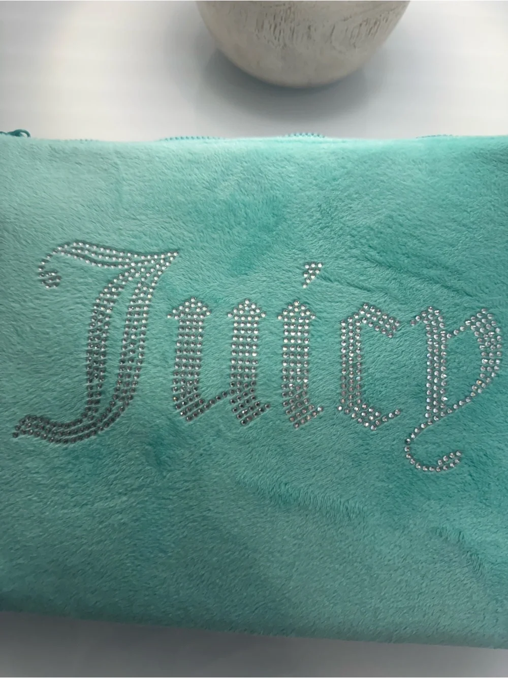 Juicy Couture Teal Mint Blue Velour Velvet Cosmetic Bag Soft Rhinestone